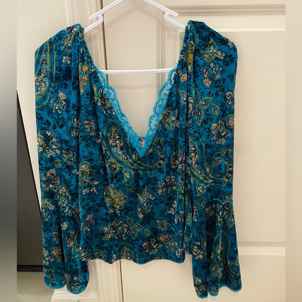 Free People Patterned Teal Blouse